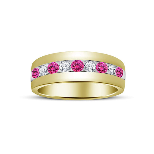 atjewels Round Cut Pink Sapphire & White CZ 14k Yellow Gold Over .925 Sterling Silver Wedding Band Ring For Women's and Girl's For Diwali Special - atjewels.in