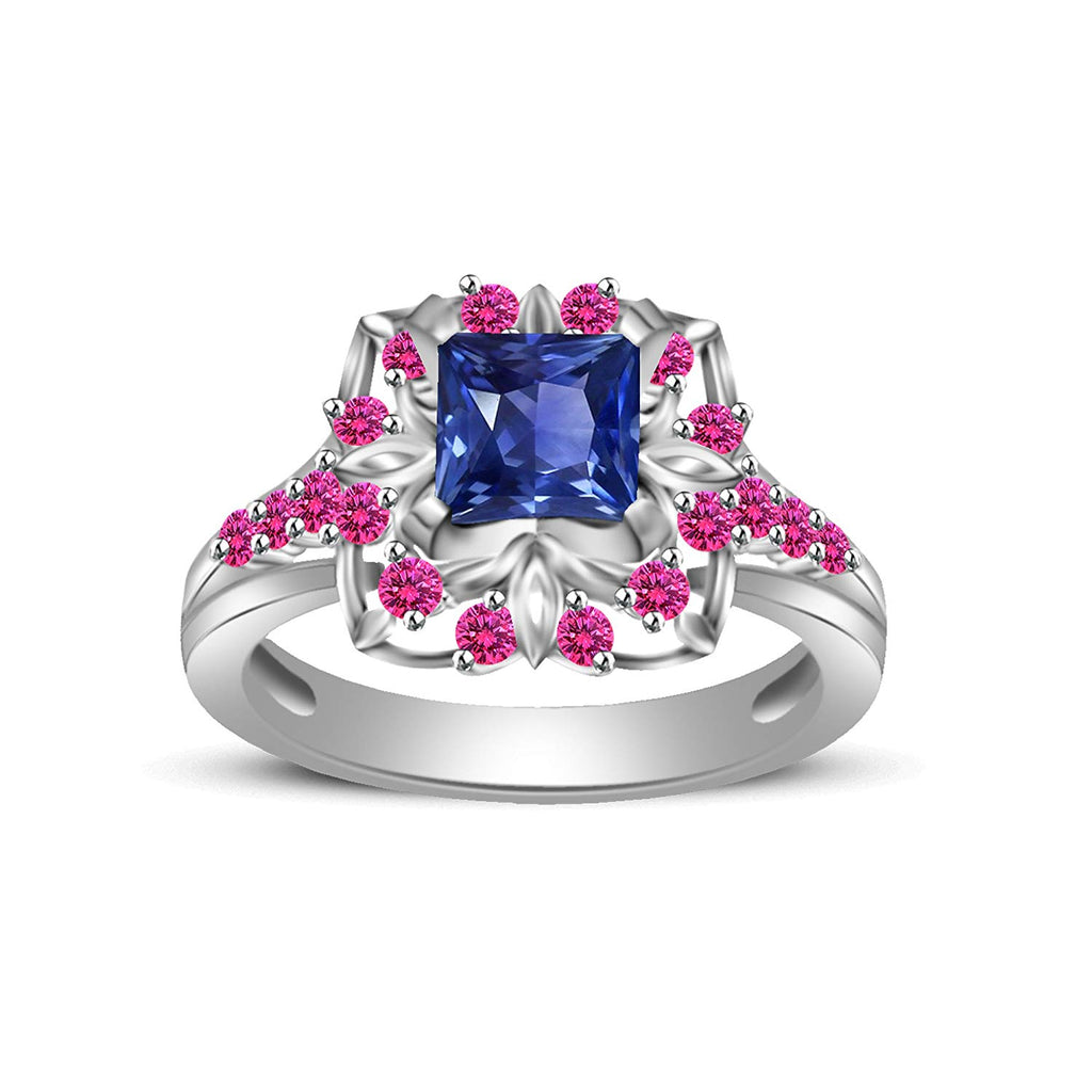 atjewels Princess & Round Cut Blue & Pink Sapphire .925 Sterling Silver Engagement Ring Size 9 For Women's and Girl's MOTHER'S DAY SPECIAL OFFER - atjewels.in