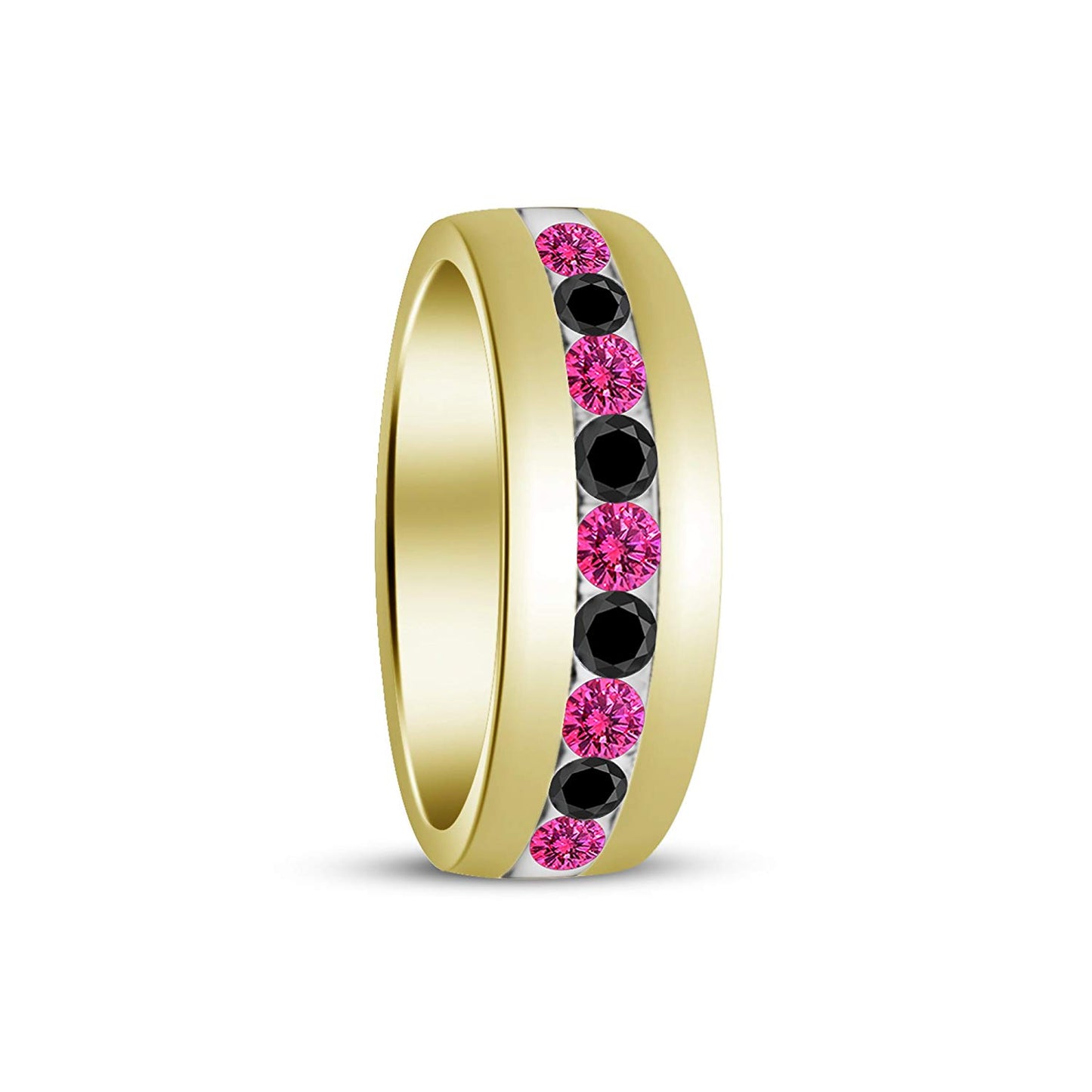 atjewels Round Cut Pink Sapphire & Black CZ 14k Yellow Gold Over .925 Sterling Silver Wedding Band Ring For Women's and Girl's For Diwali Special - atjewels.in