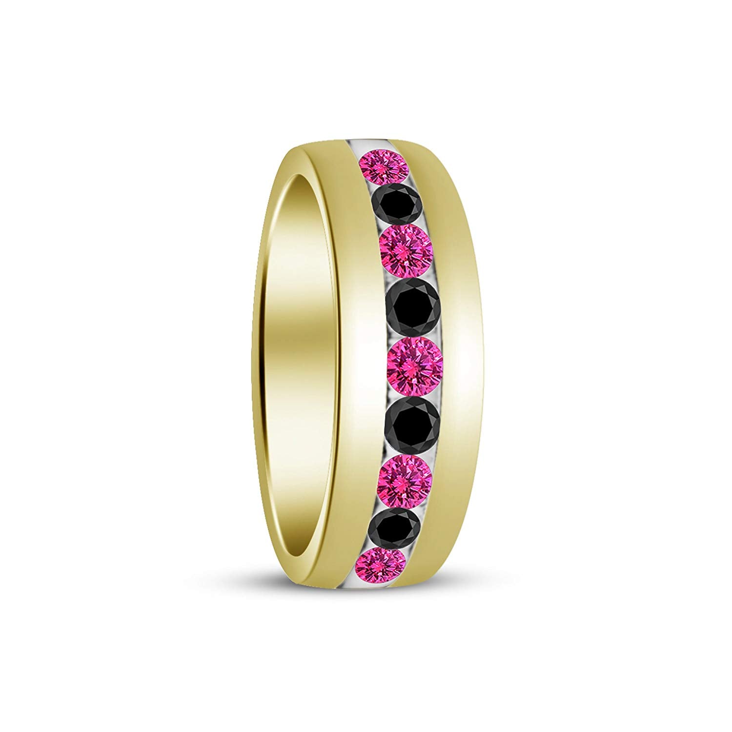 atjewels Round Cut Pink Sapphire & Black CZ 14k Yellow Gold Over .925 Sterling Silver Wedding Band Ring For Women's and Girl's For Diwali Special - atjewels.in