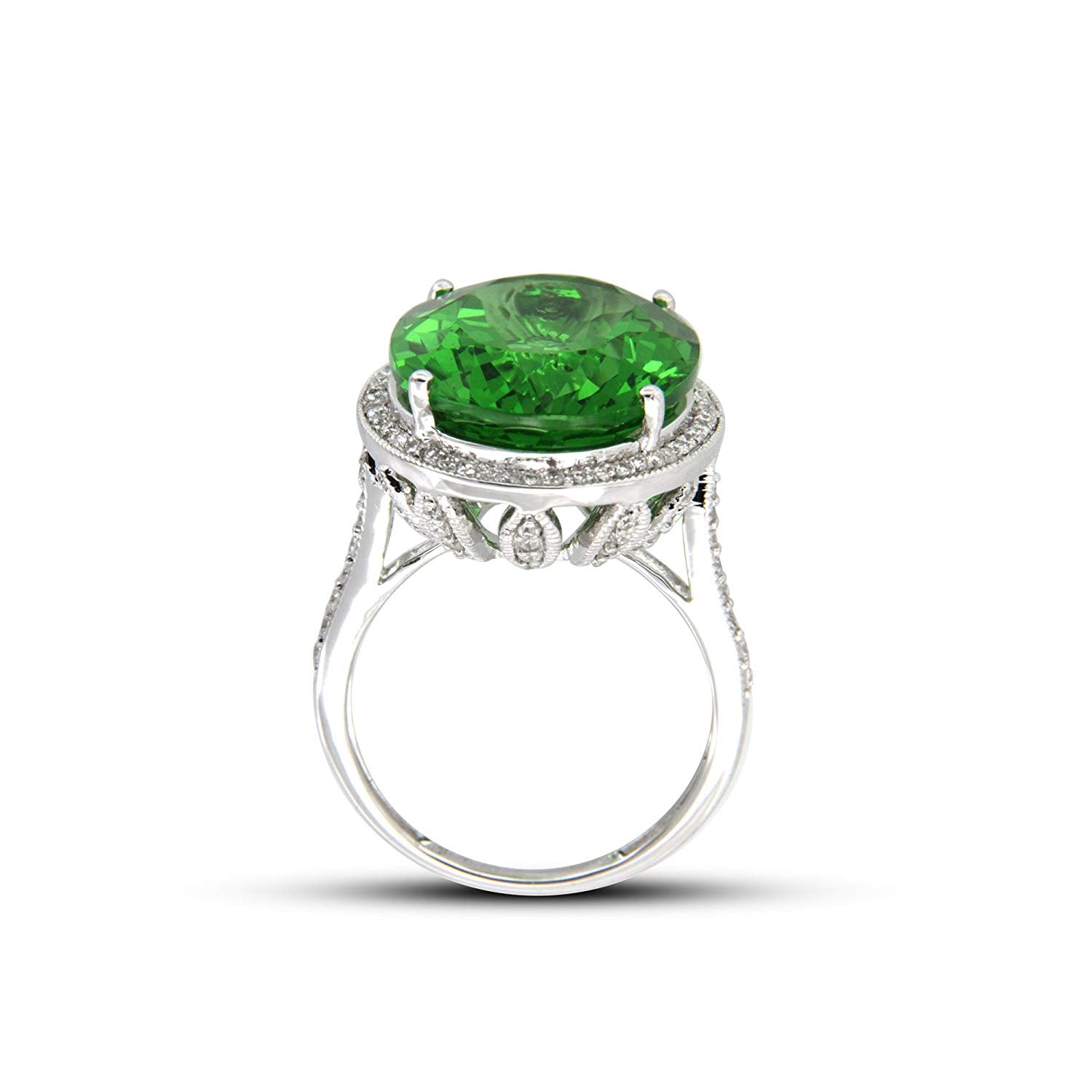 atjewels 18K White Gold Over Sterling 2.26 CT Oval Cut Green Emerald and White Diamond Halo Engagement Ring MOTHER'S DAY SPECIAL OFFER - atjewels.in