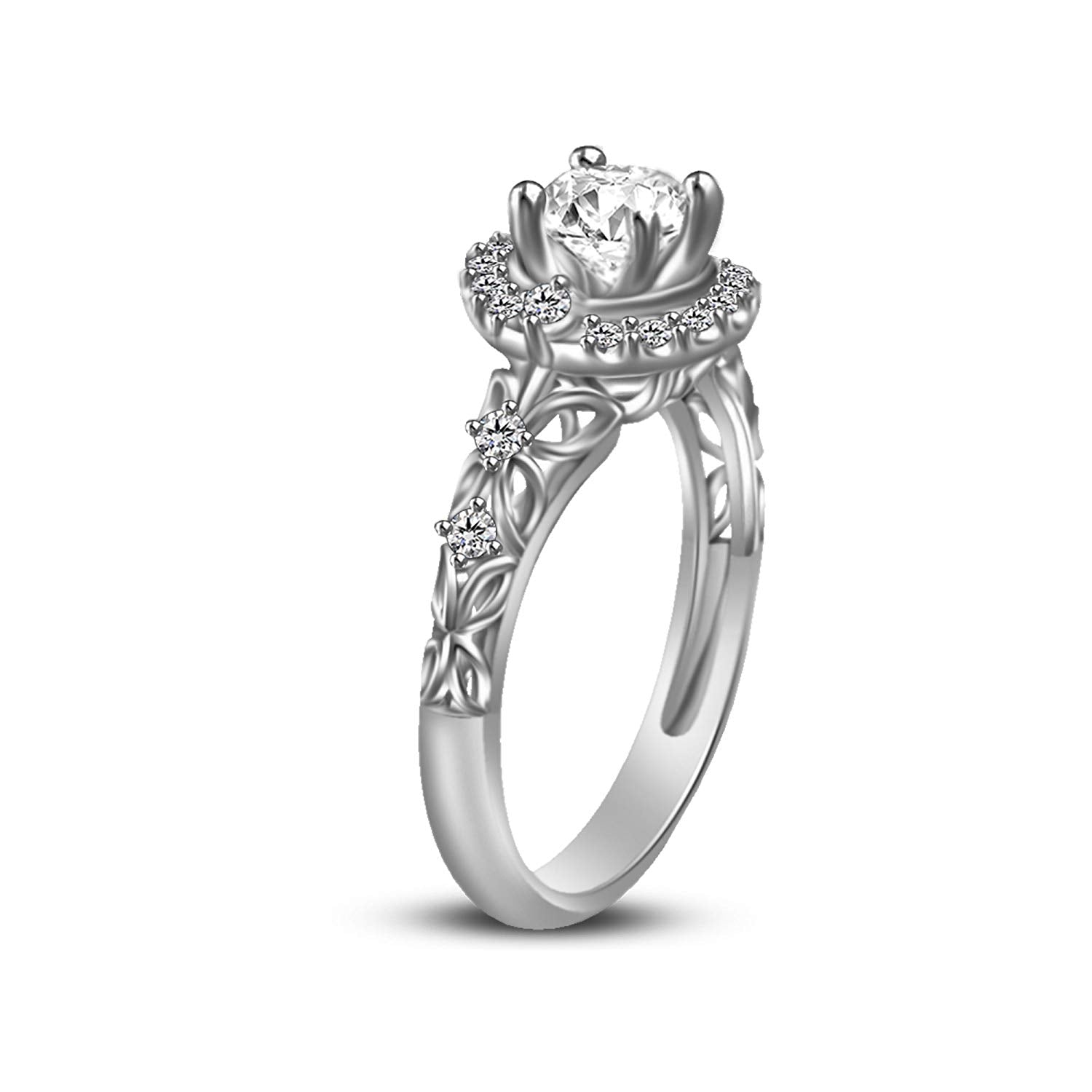 0.87 CT 14K White Gold Over 925 Sterling Silver Round Cut White Cubic Zirconia Diamond Princess Solitaire With Accents Engagement Wedding Ring - atjewels.in