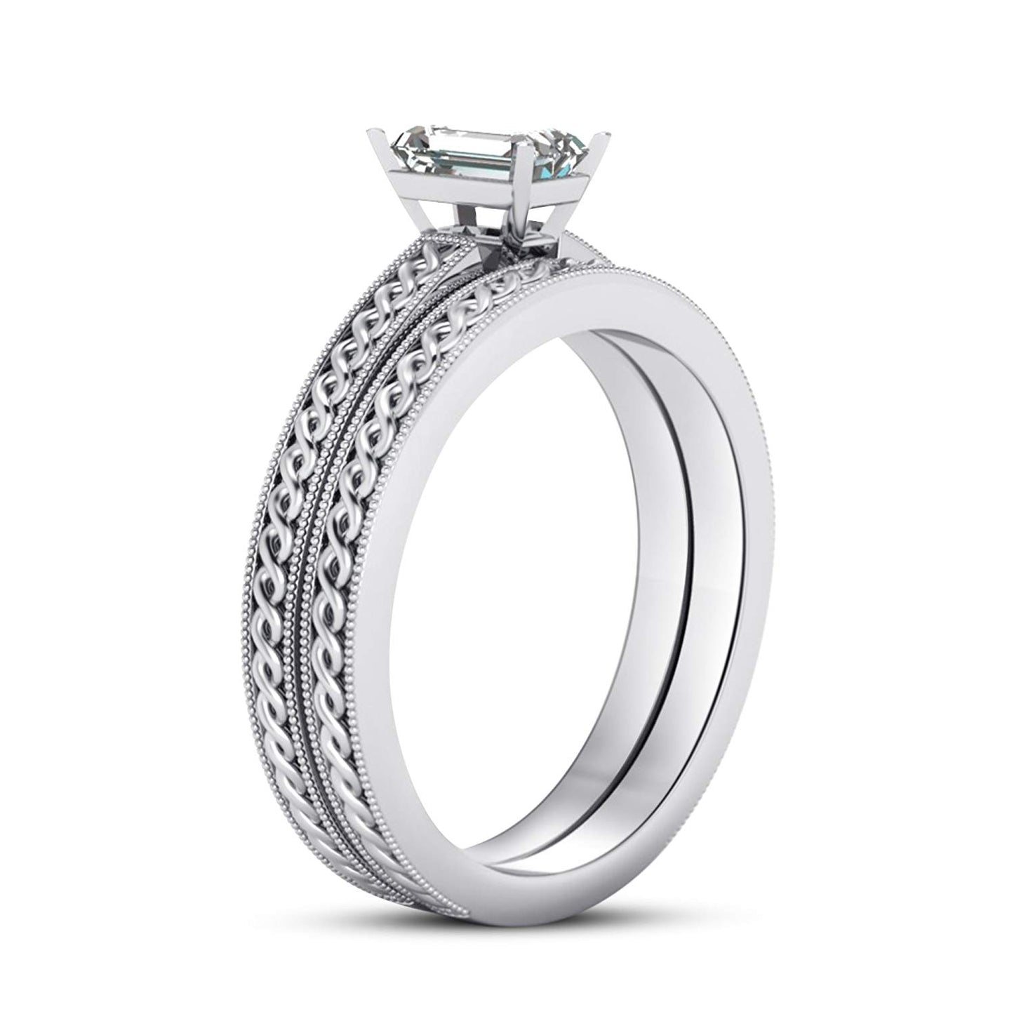 atjewels 14K White Gold Over Silver Emerald Cut Solitaire/Bridal Ring Set For Women's MOTHER'S DAY SPECIAL OFFER - atjewels.in