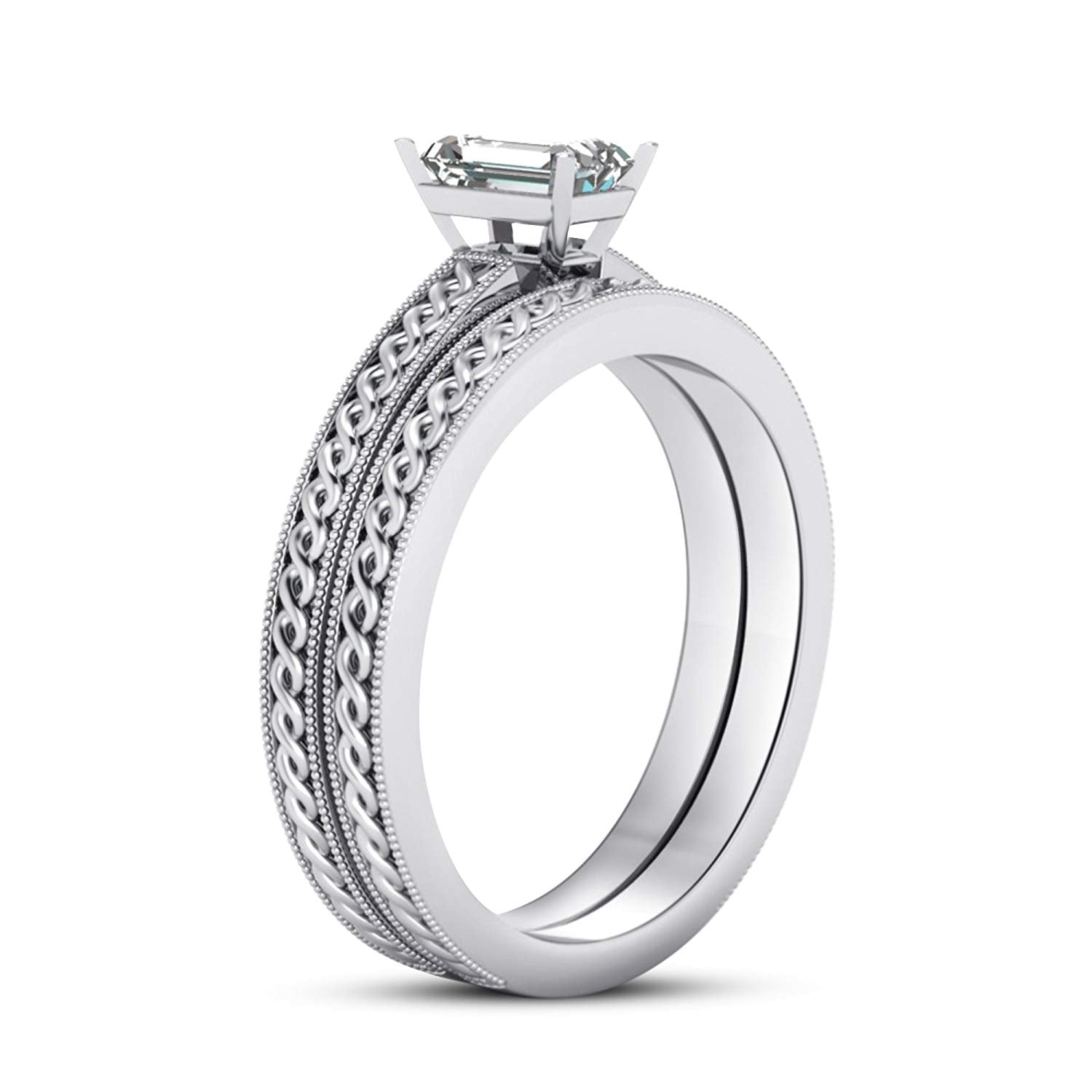 atjewels 14K White Gold Over Silver Emerald Cut Solitaire/Bridal Ring Set For Women's MOTHER'S DAY SPECIAL OFFER - atjewels.in