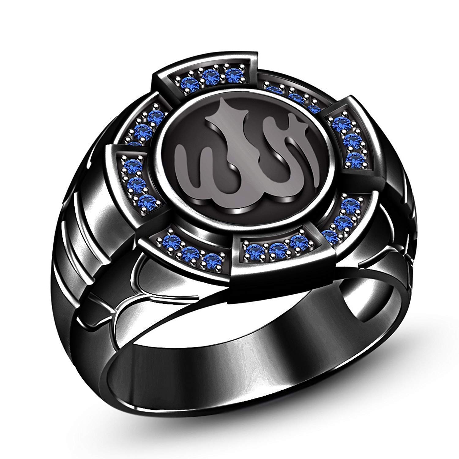 ATJewels Black Enamel with 14K Gold Plated Over 925 Sterling Silver Round Cut Blue Sapphire Allah Religious Engagement Wedding Anniversary Ring - atjewels.in