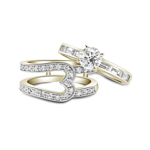 atjewels 14K Yellow Gold Over 925 Sterling Round & Baguette White CZ Bridal Ring Set For Women's MOTHER'S DAY SPECIAL OFFER - atjewels.in