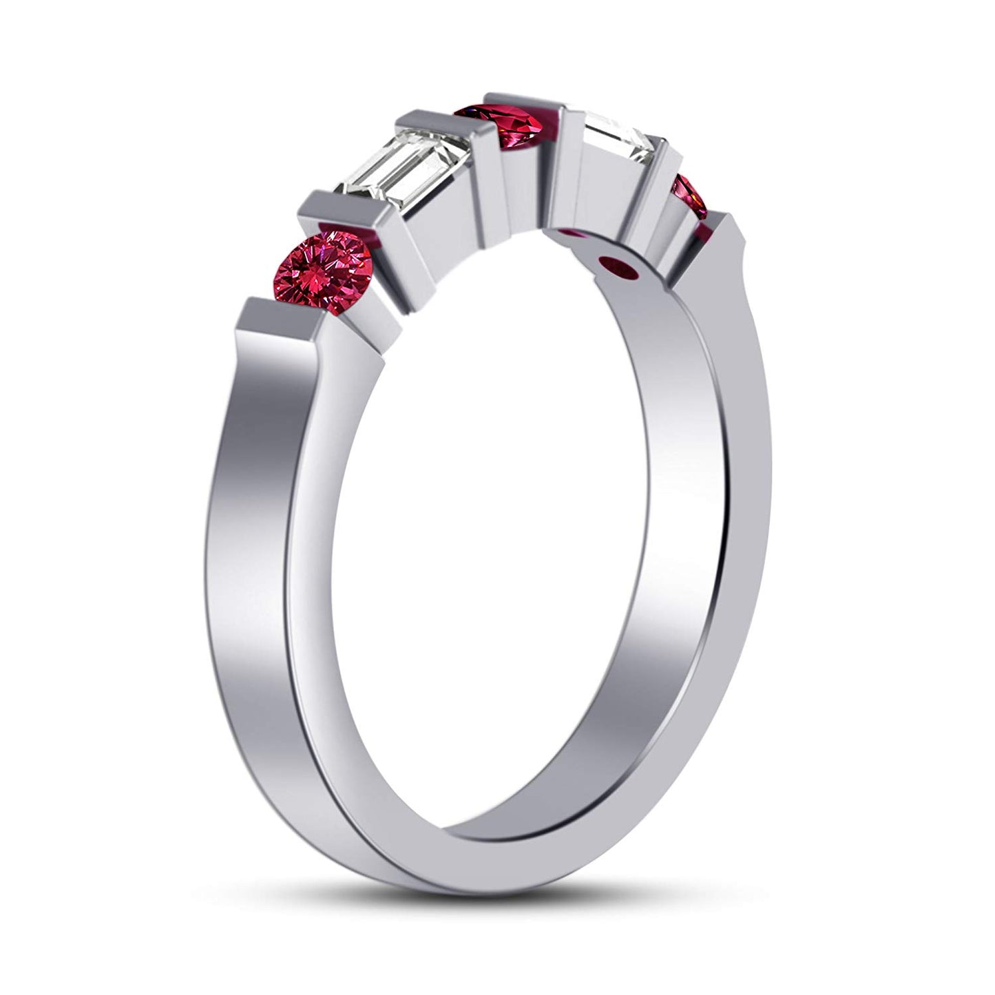 atjewels 14K White Gold Over .925 Silver Pink and White Baguette cut Wedding Bar Band Ring Free Size MOTHER'S DAY SPECIAL OFFER - atjewels.in