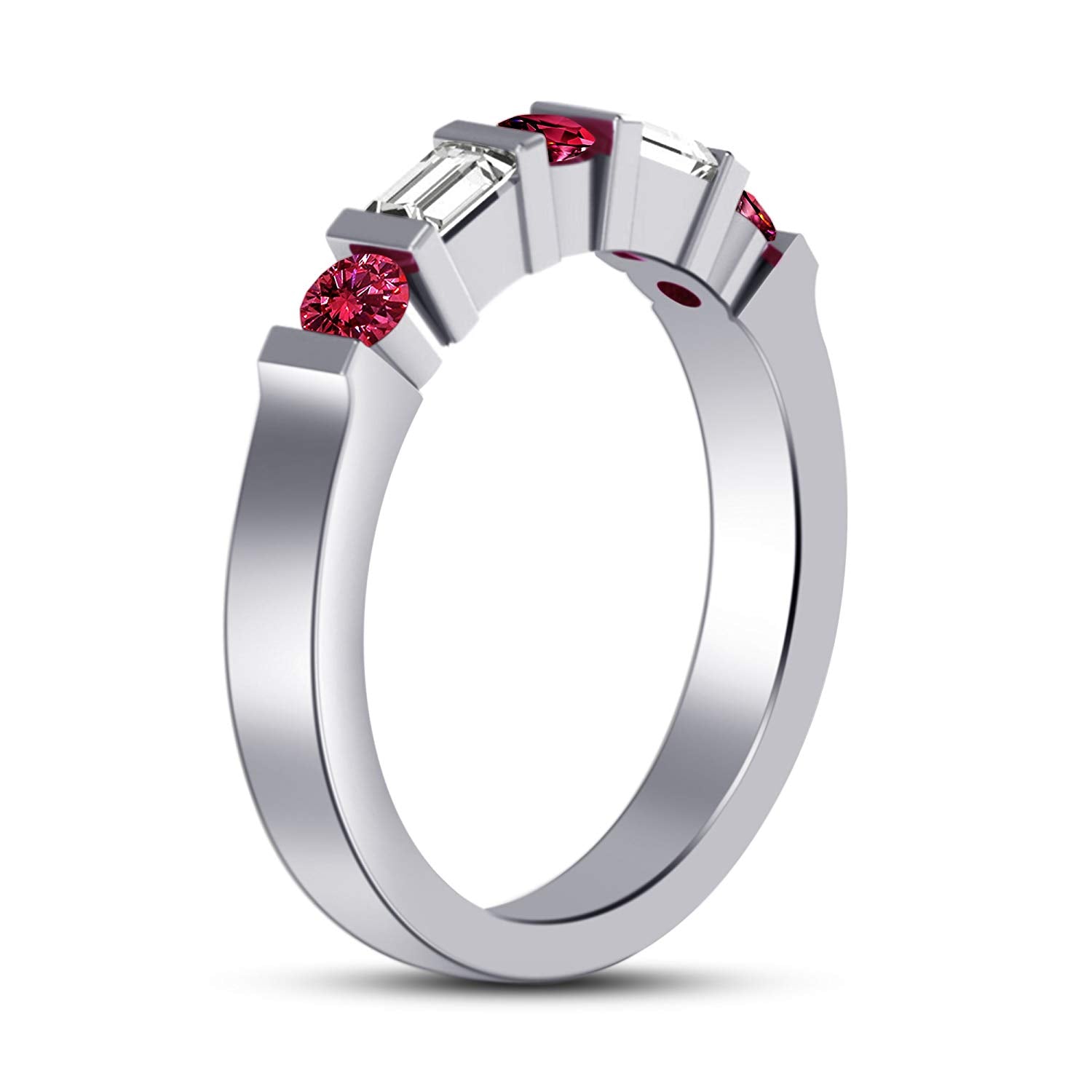 atjewels 14K White Gold Over .925 Silver Pink and White Baguette cut Wedding Bar Band Ring Free Size MOTHER'S DAY SPECIAL OFFER - atjewels.in