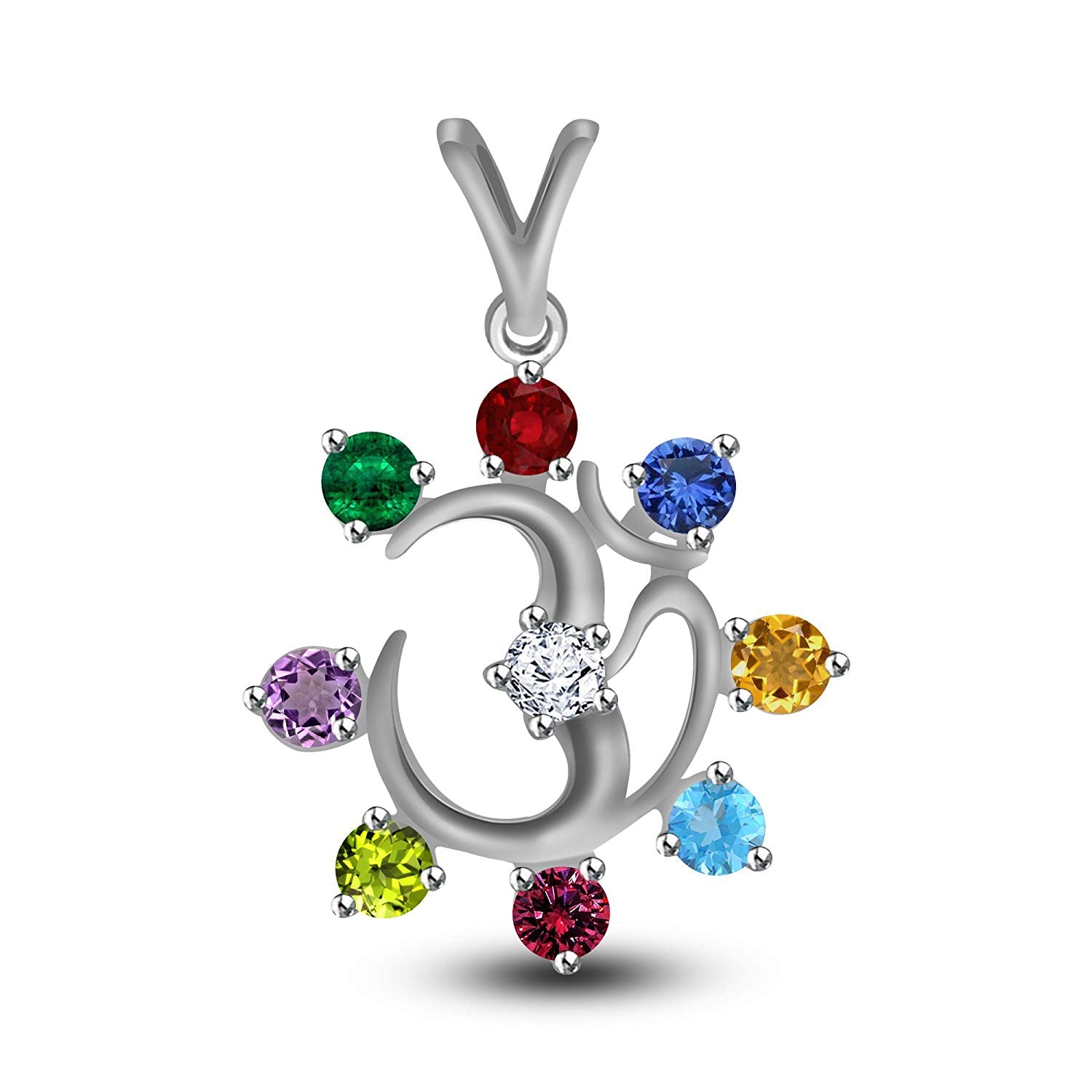 atjewels 14K White Gold Over 925 Sterling silver Round Multi Color Stone Om Pendant For Women's MOTHER'S DAY SPECIAL OFFER - atjewels.in