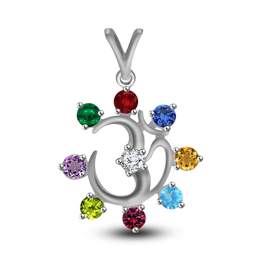 atjewels 14K White Gold Over 925 Sterling silver Round Multi Color Stone Om Pendant For Women's MOTHER'S DAY SPECIAL OFFER - atjewels.in