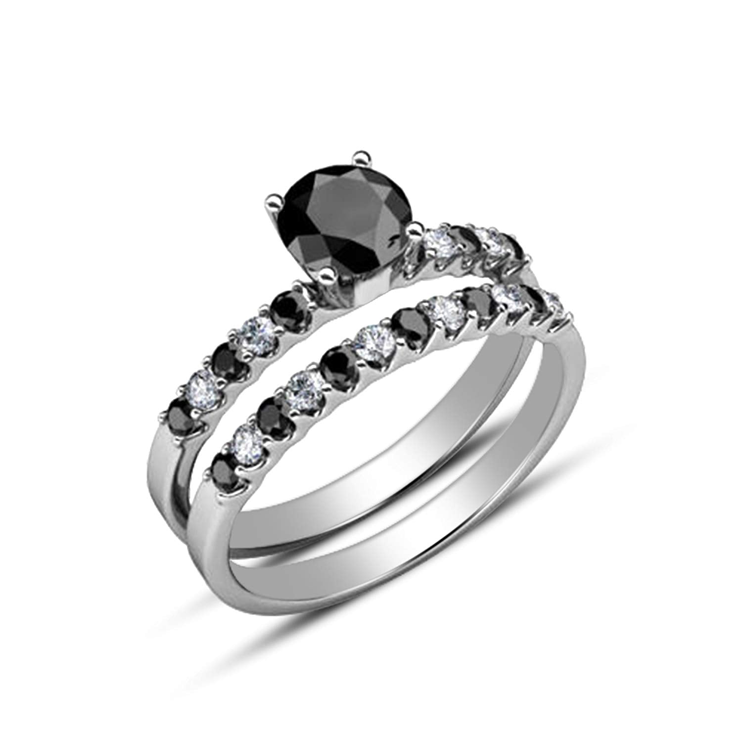 atjewels 14K White Gold Over Sterling Round Black and White Cubic Zirconia Bridal Set Ring for Women's MOTHER'S DAY SPECIAL OFFER - atjewels.in