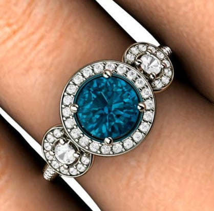 2 CT Round Cut Blue Topaz 3 Stone Diamond 925 Sterling Silver Halo Anniversary Ring