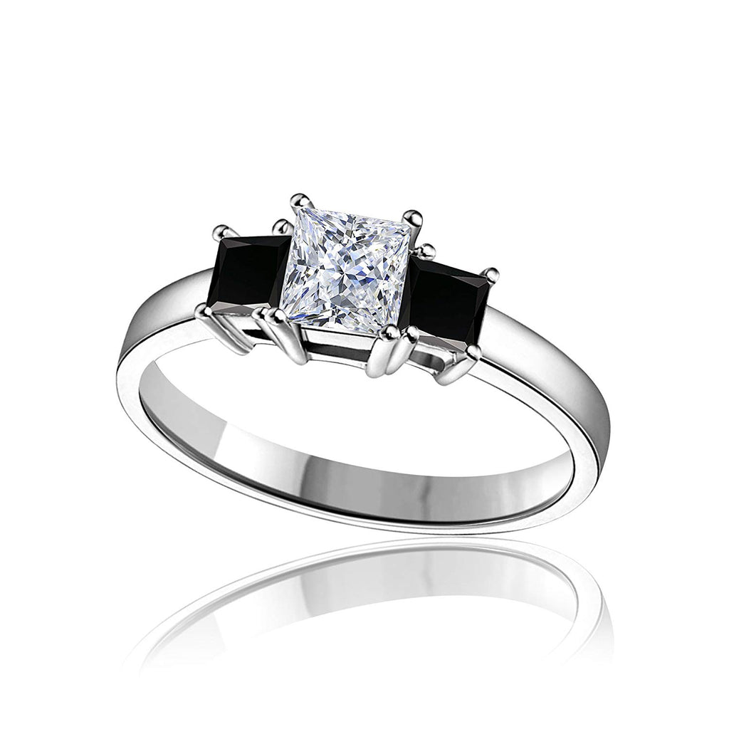 atjewels 14K White Gold Plated On 925 Silver Princess Black and White CZ Three Stone Anniversary Ring MOTHER'S DAY SPECIAL OFFER - atjewels.in