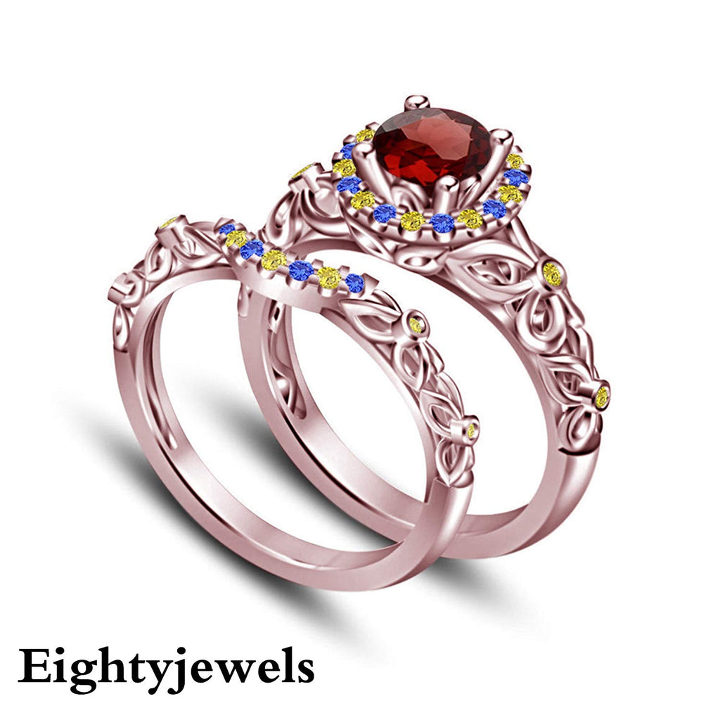 2 Ct 14k Gold Over 925 Sterling Silver Round Cut Garnet Sapphire & Citrine Princess Engagement Wedding Band Ring Set For Women's - atjewels.in