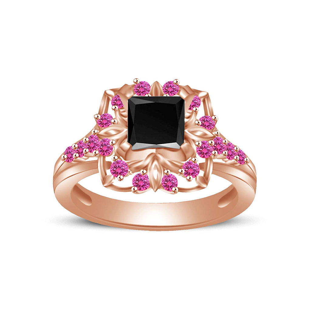 atjewels Princess & Round Cut Black Cubic Zirconia & Pink Sapphire 14k Rose Gold Over .925 Sterling Silver Engagement Ring Size 5 For Women's and Girl's MOTHER'S DAY SPECIAL OFFER - atjewels.in