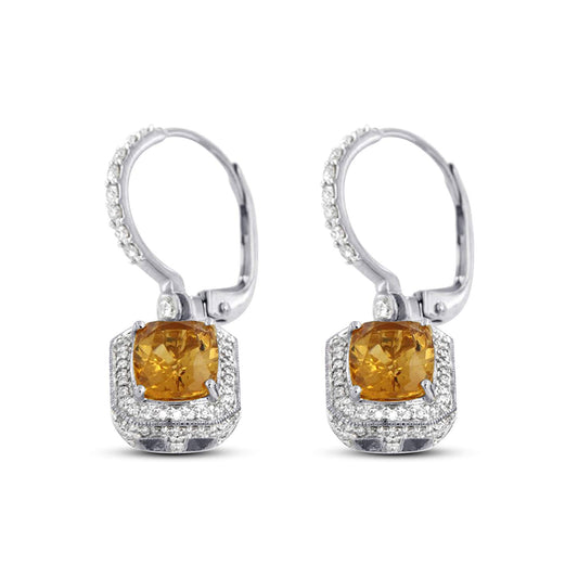 atjewels 14k White Gold Over 925 Sterling Cushion Citrine and Round White CZ Engagement Dangle Earrings For Women/Girls MOTHER'S DAY SPECIAL OFFER - atjewels.in