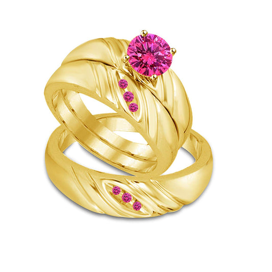 atjewels 14K Yellow Gold Over 925 Sterling Round Pink Sapphire Engagement Trio Ring Set MOTHER'S DAY SPECIAL OFFER - atjewels.in
