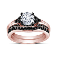atjewels Rose and White Gold Over 925 Sterling Silver Round White and Balck Zirconia Women's Bridal Ring Set MOTHER'S DAY SPECIAL OFFER - atjewels.in