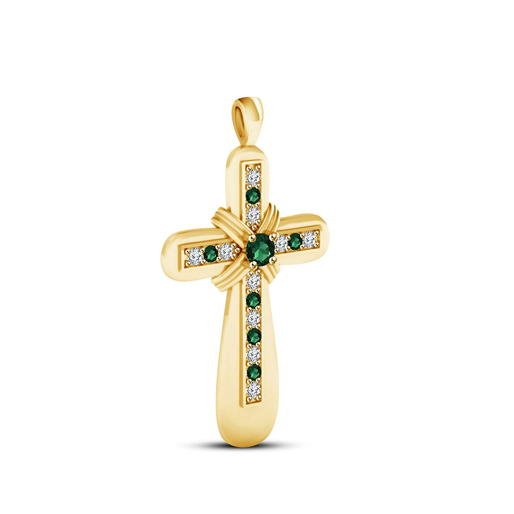 atjewels 18K Yellow Gold Over 925 Sterling Green Emerald & White CZ Cross Pendant MOTHER'S DAY SPECIAL OFFER - atjewels.in