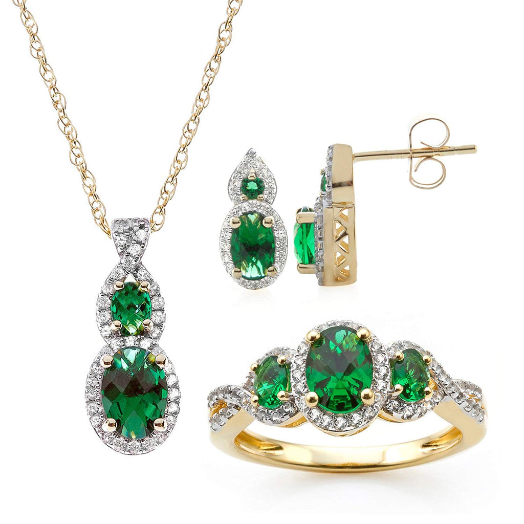 14k Yellow Gold Over 925 Silver Emerald & White CZ Pendant Earring Ring Jewelry Set MOTHER'S DAY SPECIAL OFFER - atjewels.in