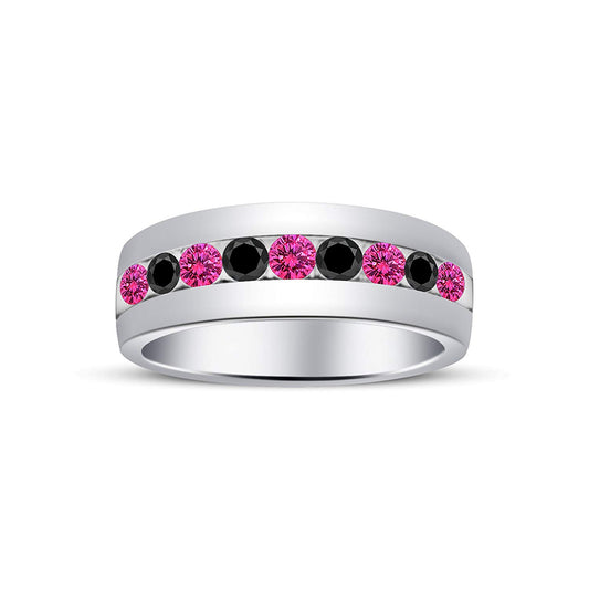 atjewels Round Cut Pink Sapphire & Black CZ .925 Sterling Silver Wedding Band Ring For Women's and Girl's For Diwali Special - atjewels.in