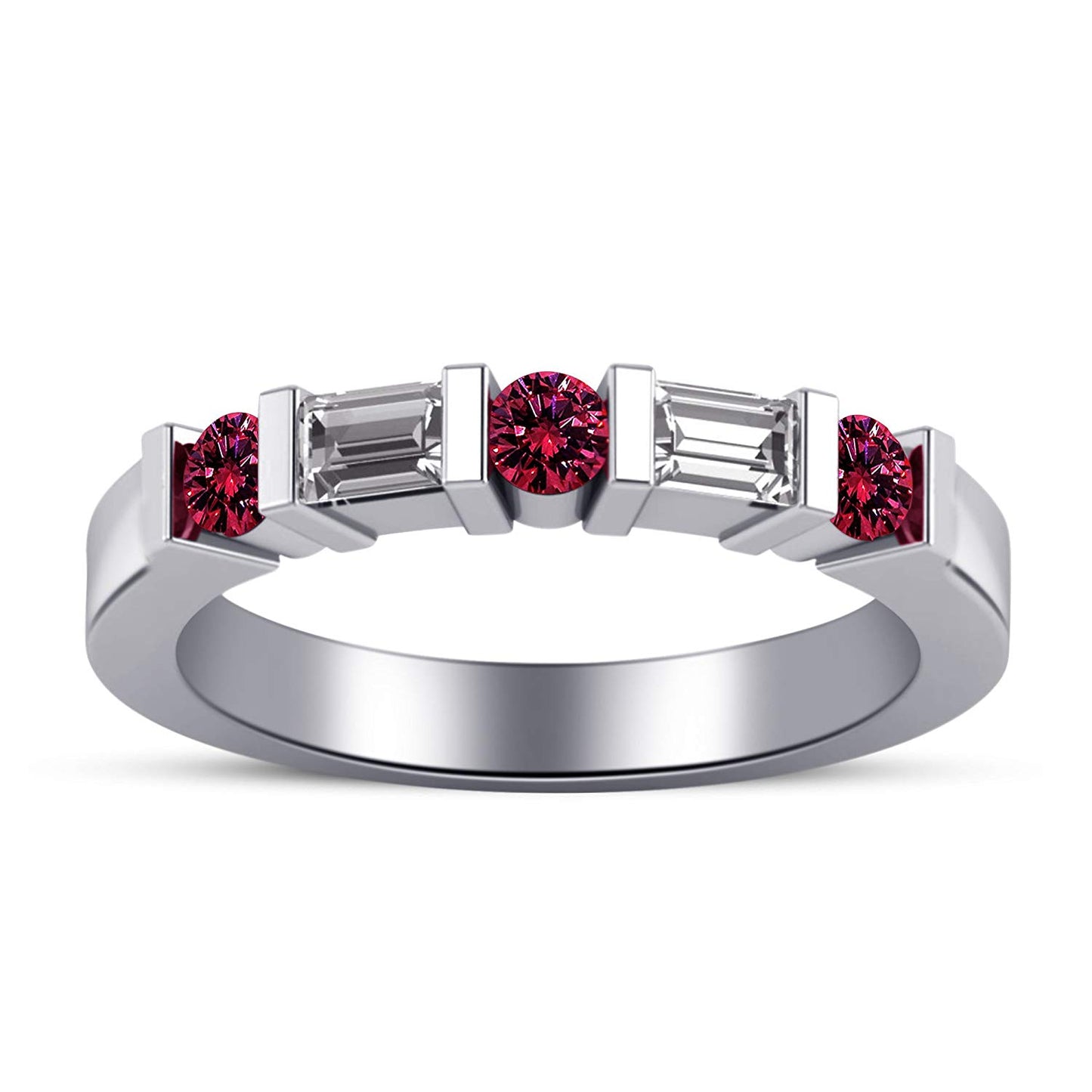 atjewels 14K White Gold Over .925 Silver Pink and White Baguette cut Wedding Bar Band Ring Free Size MOTHER'S DAY SPECIAL OFFER - atjewels.in