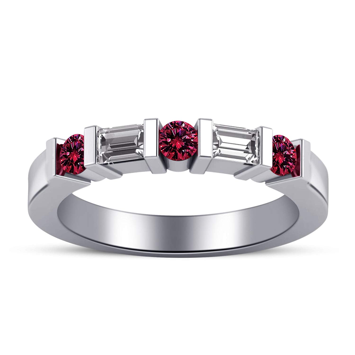 atjewels 14K White Gold Over .925 Silver Pink and White Baguette cut Wedding Bar Band Ring Free Size MOTHER'S DAY SPECIAL OFFER - atjewels.in