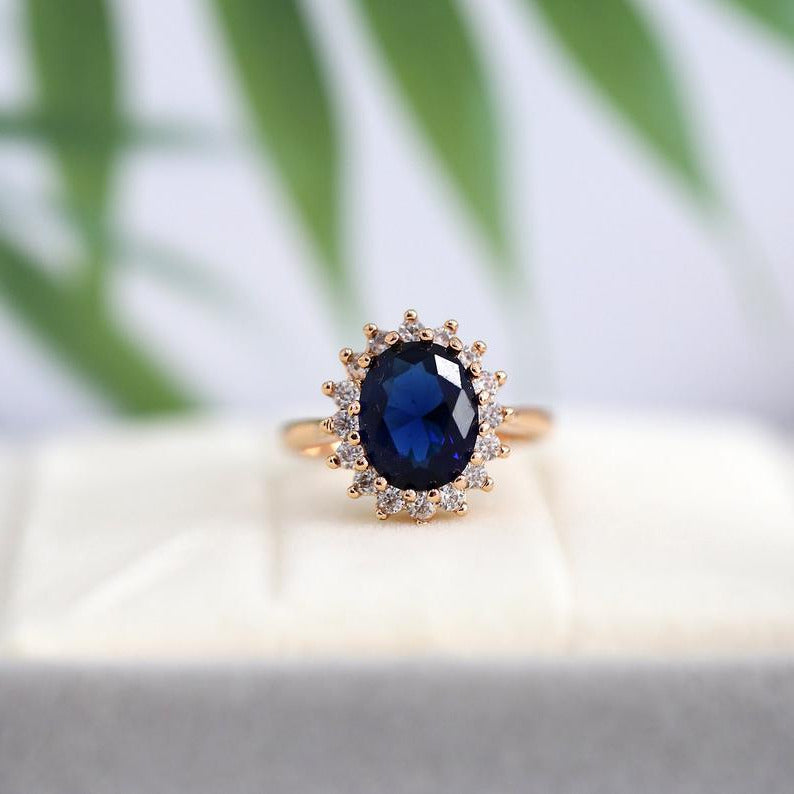 2 CT  Oval Cut Blue Sapphire & Round CZ Diamond Rose Gold Over On 925 Sterling Silver Halo Engagement Ring