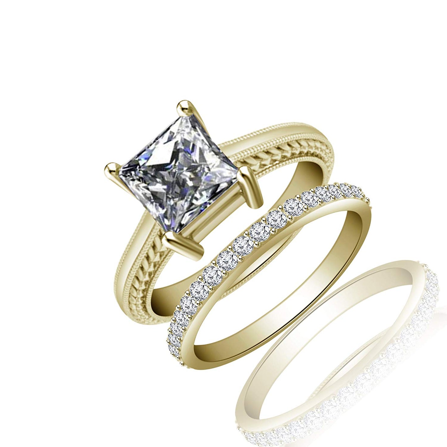 atjewels 18K Yellow Gold Over 925 Sterling Silver Princess and Round White CZ Bridal Ring Set MOTHER'S DAY SPECIAL OFFER - atjewels.in