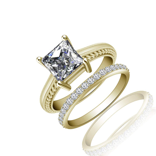 atjewels 18K Yellow Gold Over 925 Sterling Silver Princess and Round White CZ Bridal Ring Set MOTHER'S DAY SPECIAL OFFER - atjewels.in