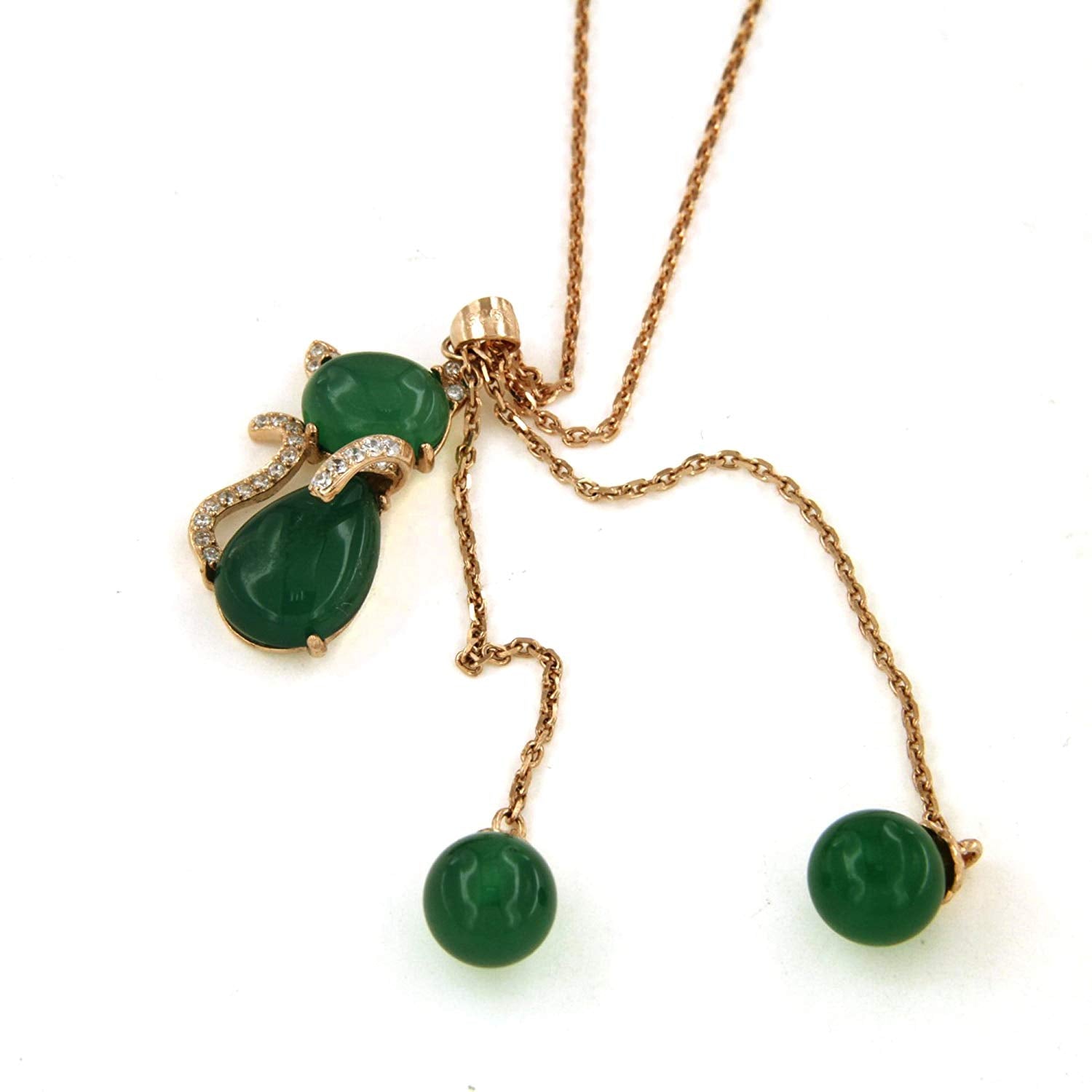 atjewels Rose Gold On 925 Sterling Silver Green Agate & White CZ Cat Pendant W/ 30" Chain MOTHER'S DAY SPECIAL OFFER - atjewels.in
