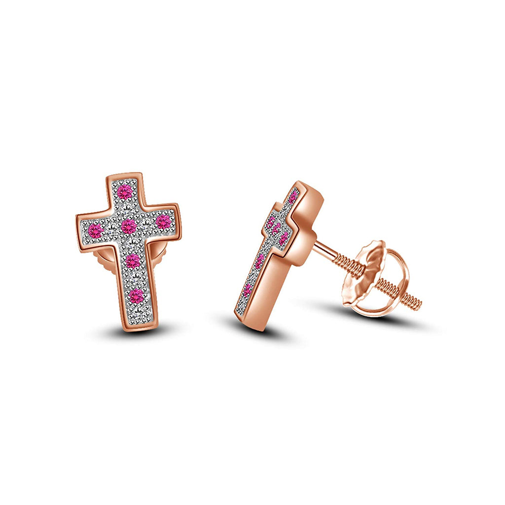 14K Rose Gold Over 925 Sterling Silver Round Cut Pink Sapphire & White Cubic Zirconia Diamond Cross Stud Earrings For Women's - atjewels.in