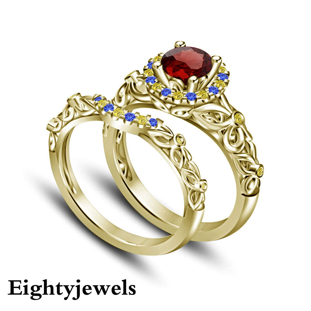 2 Ct 14k Gold Over 925 Sterling Silver Round Cut Garnet Sapphire & Citrine Princess Engagement Wedding Band Ring Set For Women's - atjewels.in