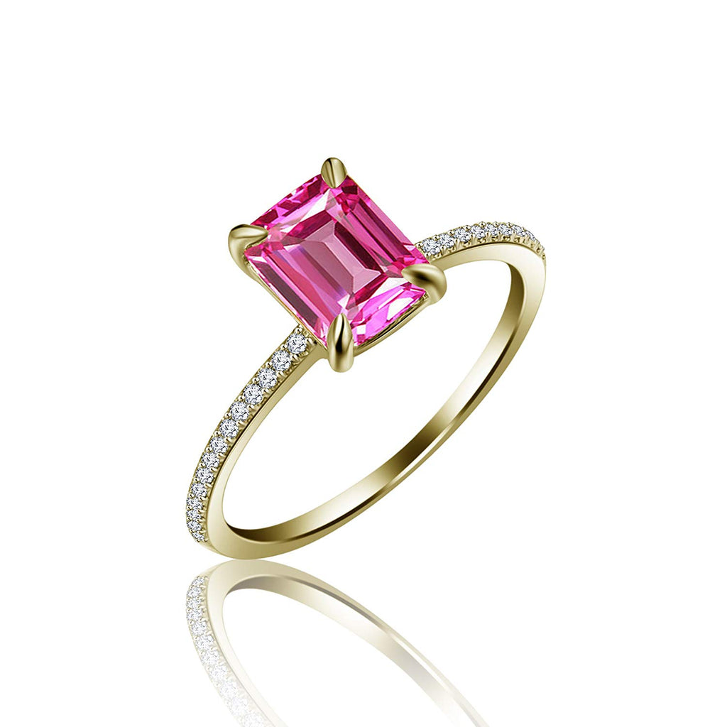 14K Yellow Gold Over .925 Silver Pink Sapphire Emerald Shape Ring US Size 8.5 For Women's MOTHER'S DAY SPECIAL OFFER - atjewels.in