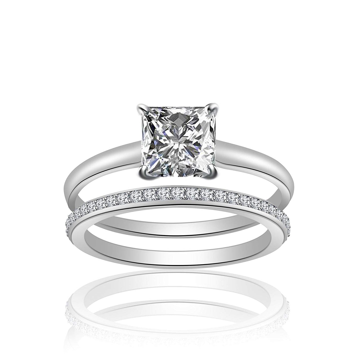 atjewels 18K White Gold Over 925 Sterling Silver Princess & Round Cut White CZ Wedding Bridal Ring Set for Women's MOTHER'S DAY SPECIAL OFFER - atjewels.in