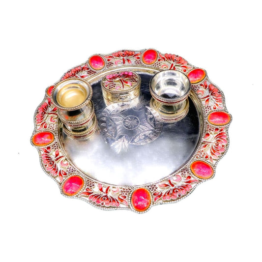 Exclusive Design Pink Silver Festive Arati Thali