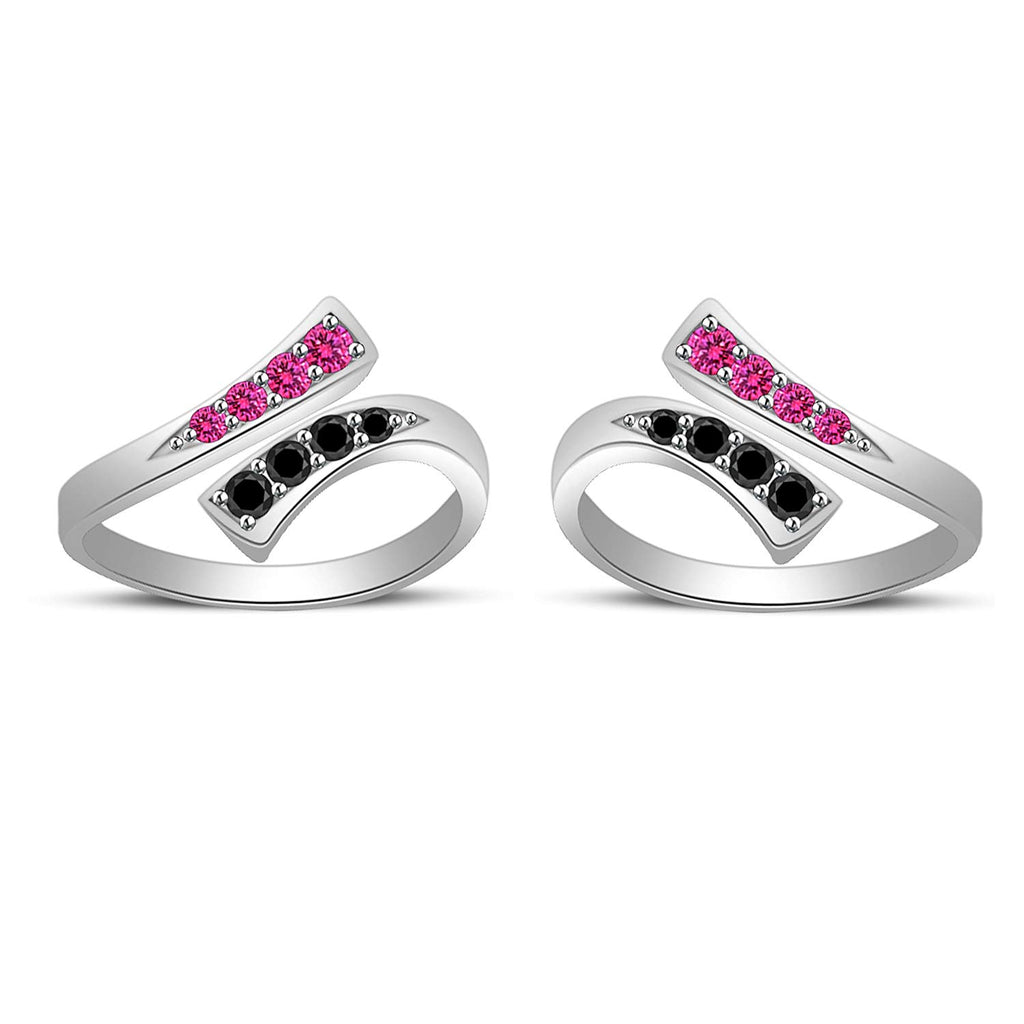 atjewels 14K White Gold Over .925 Silver Round Black CZ and Pink Sapphire Bypass Adjustable ToeRing - atjewels.in