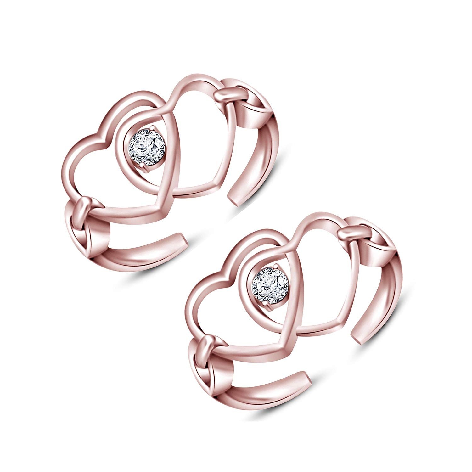 atjewels 14K Rose Gold Over 925 Silver Round White CZ Double Heart ToeRing For Women's - atjewels.in