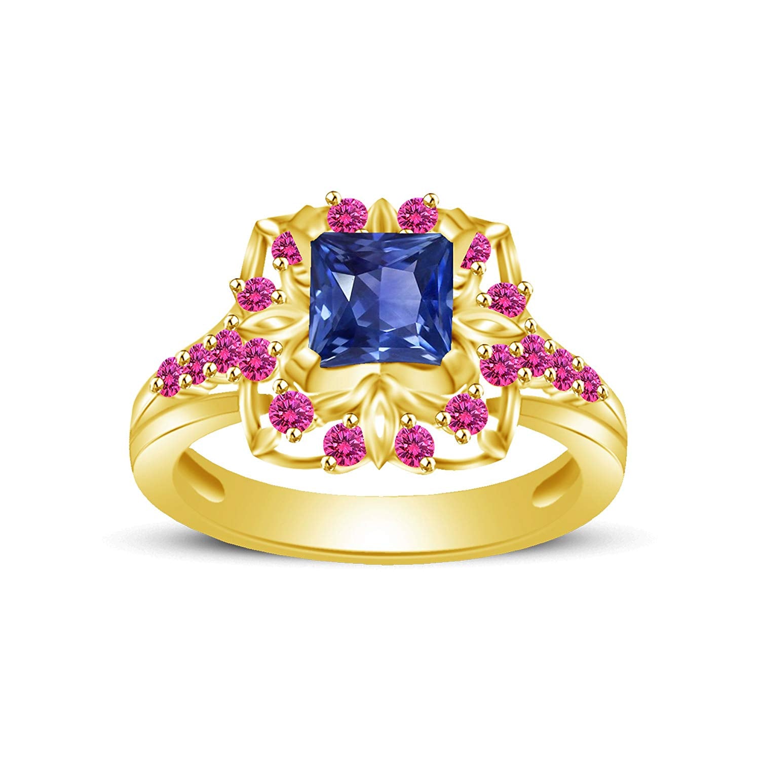 atjewels Princess & Round Cut Blue & Pink Sapphire 14k Yellow Gold Over .925 Sterling Silver Engagement Ring Size 5 For Women's and Girl's MOTHER'S DAY SPECIAL OFFER - atjewels.in