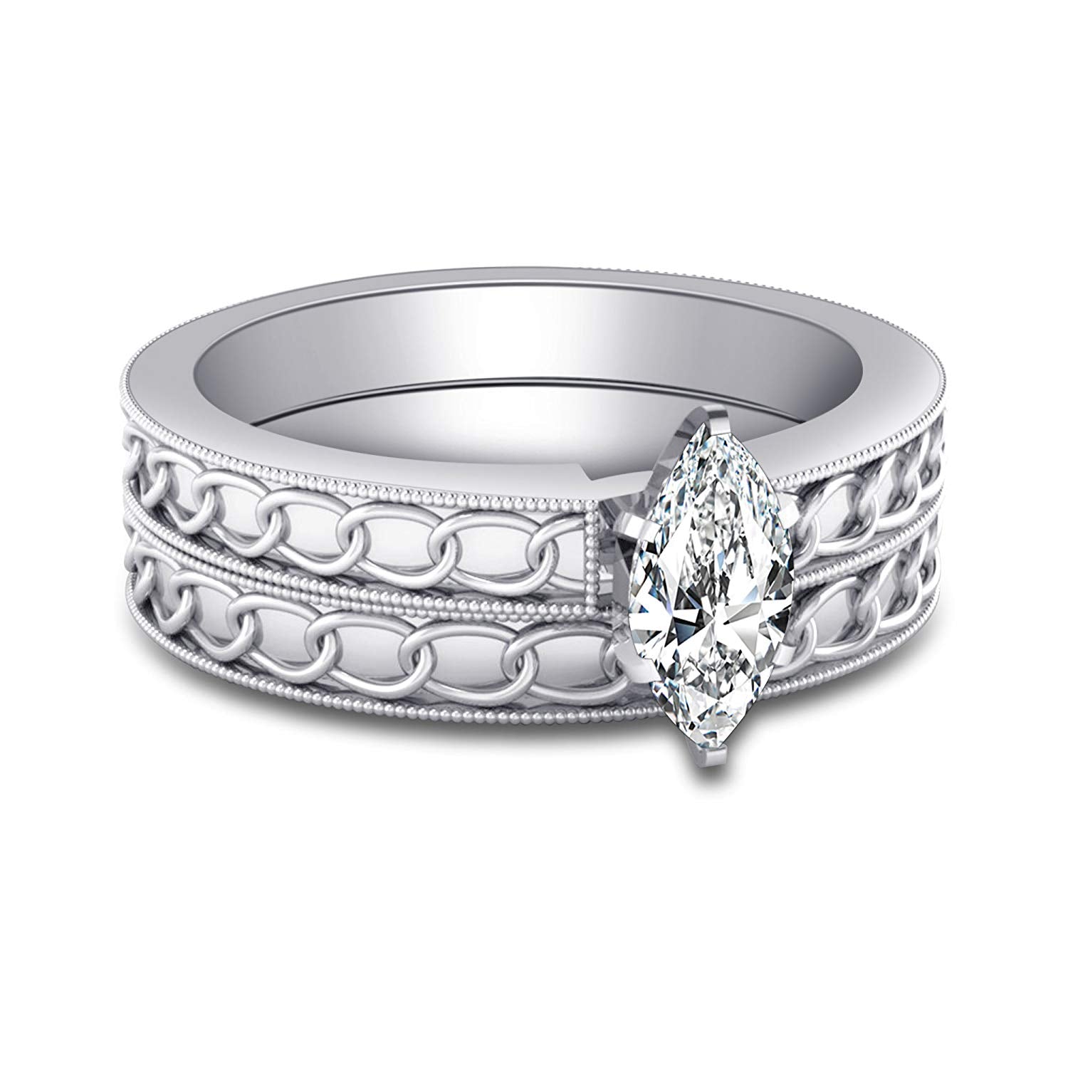 atjewels 14K White Gold Over 925 Silver Marquise Shape White CZ Engagement Ring & Wedding Band Set For Women's MOTHER'S DAY SPECIAL OFFER - atjewels.in