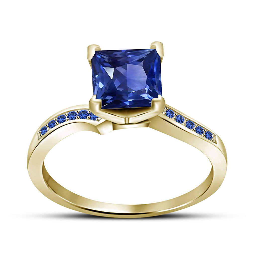 14K Yellow Gold Over .925 Silver Blue Sapphire 2.21 CT Princess Cut Band Ring Free Sizing For Women's MOTHER'S DAY SPECIAL OFFER - atjewels.in