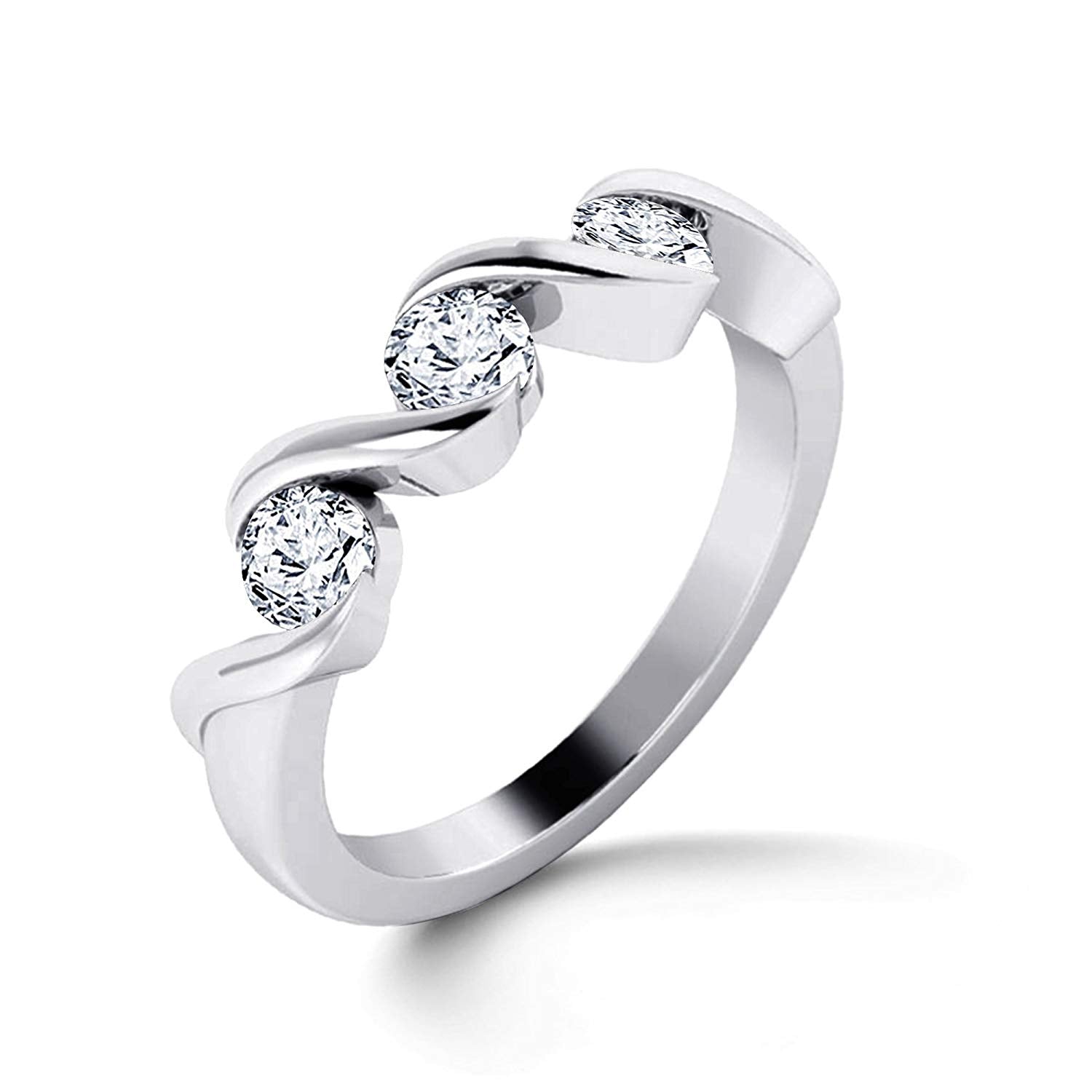 atjewels 14K White Gold Over .925 Sterling Silver White Cubic Zirconia Three Stone Band Ring MOTHER'S DAY SPECIAL OFFER - atjewels.in