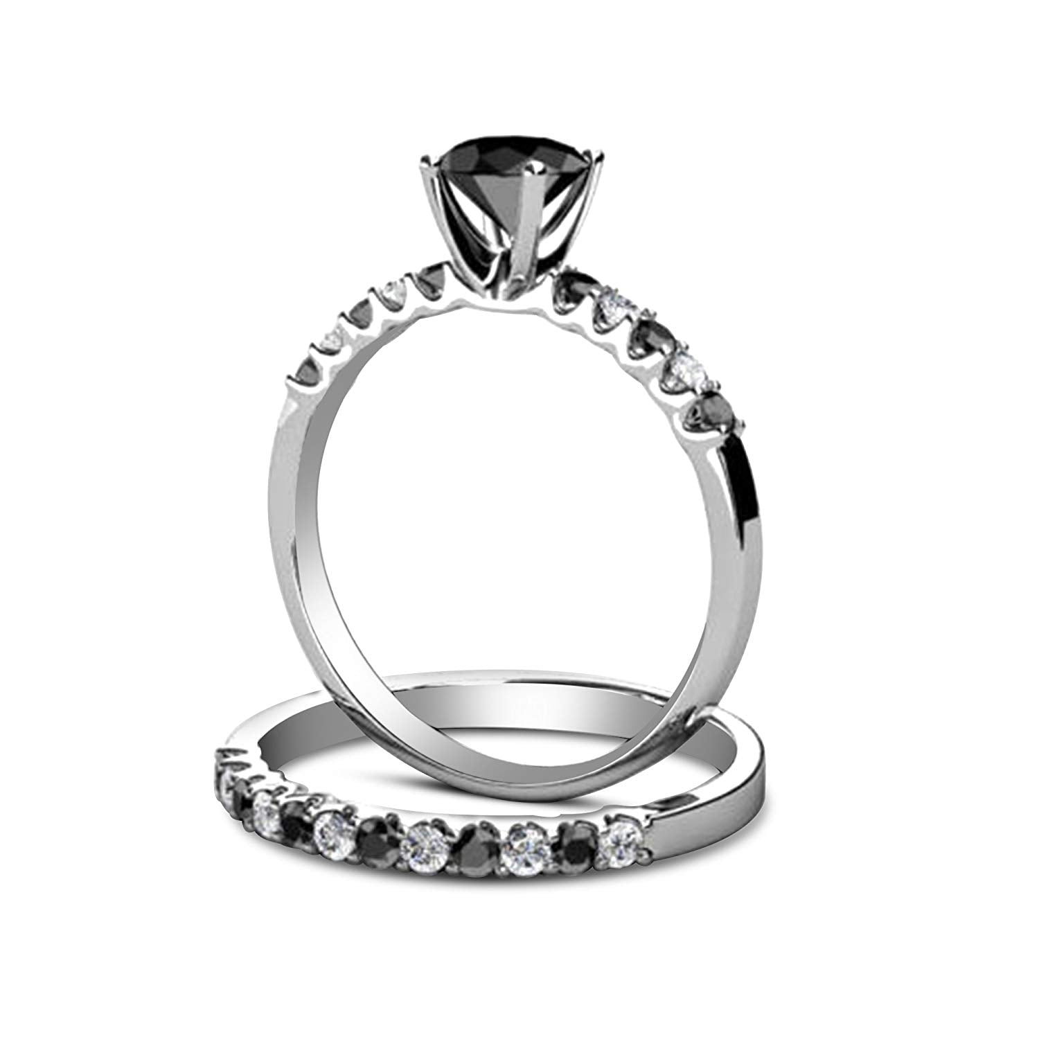 atjewels 14K White Gold Over Sterling Round Black and White Cubic Zirconia Bridal Set Ring for Women's MOTHER'S DAY SPECIAL OFFER - atjewels.in