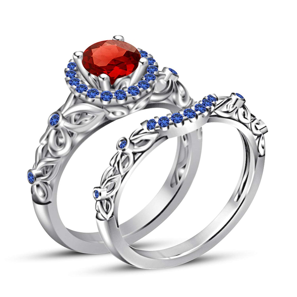atjewels 14k White Gold Over 925 Silver Red Garnet and Blue Sapphire Princess Snow White Engagement Ring Set Size US 5 MOTHER'S DAY SPECIAL OFFER - atjewels.in