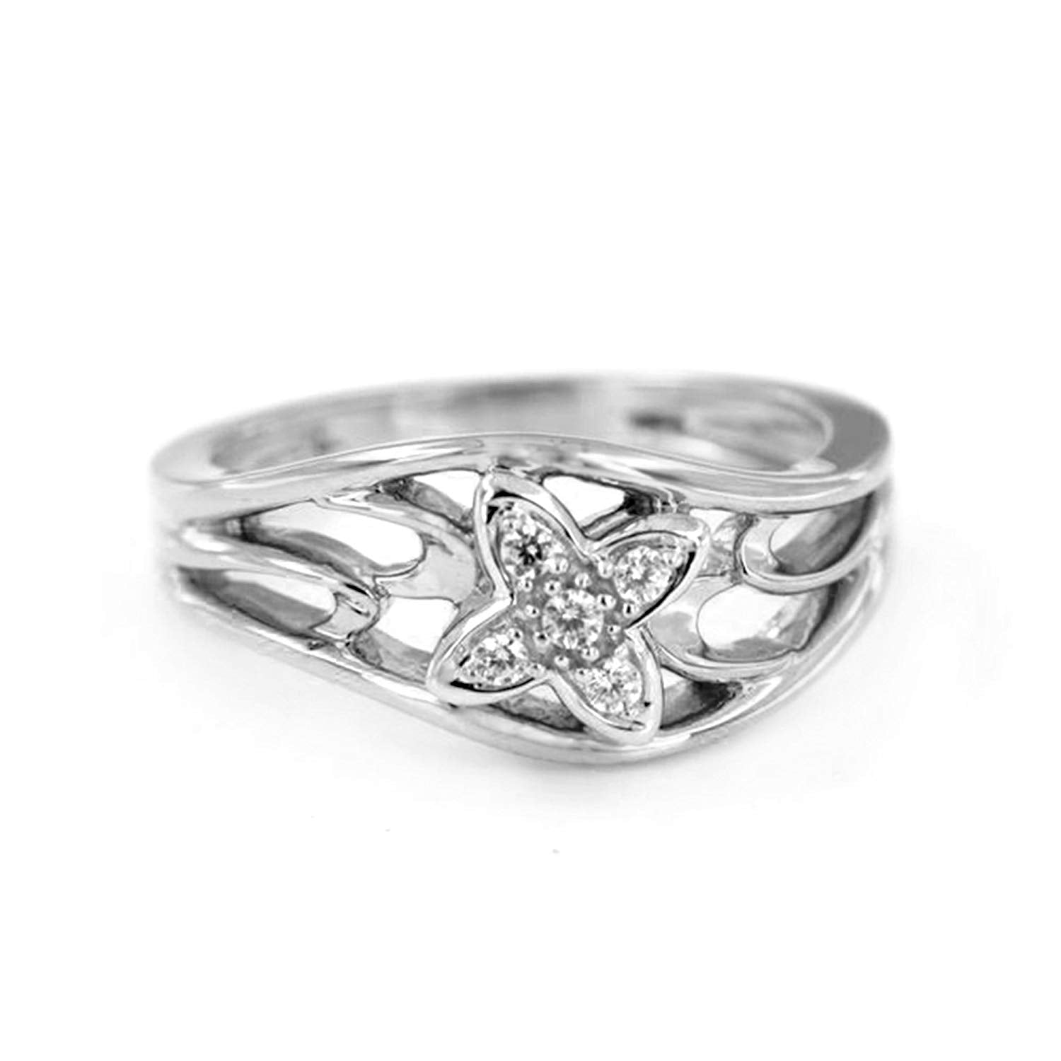 atjewels 14K White Gold Plated On 925 Sterling Silver with 0.18 CT Round White CZ Fancy Flower Ring For Women's MOTHER'S DAY SPECIAL OFFER - atjewels.in