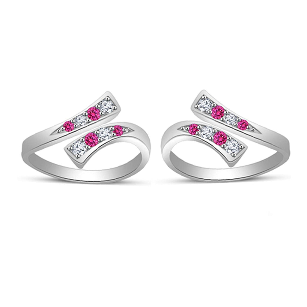 14K White Gold Over 925 Sterling Silver Round White Cubic Zirconia Diamond & Pink Sapphire Bypass Adjustable Midi ToeRing Set For Women's - atjewels.in