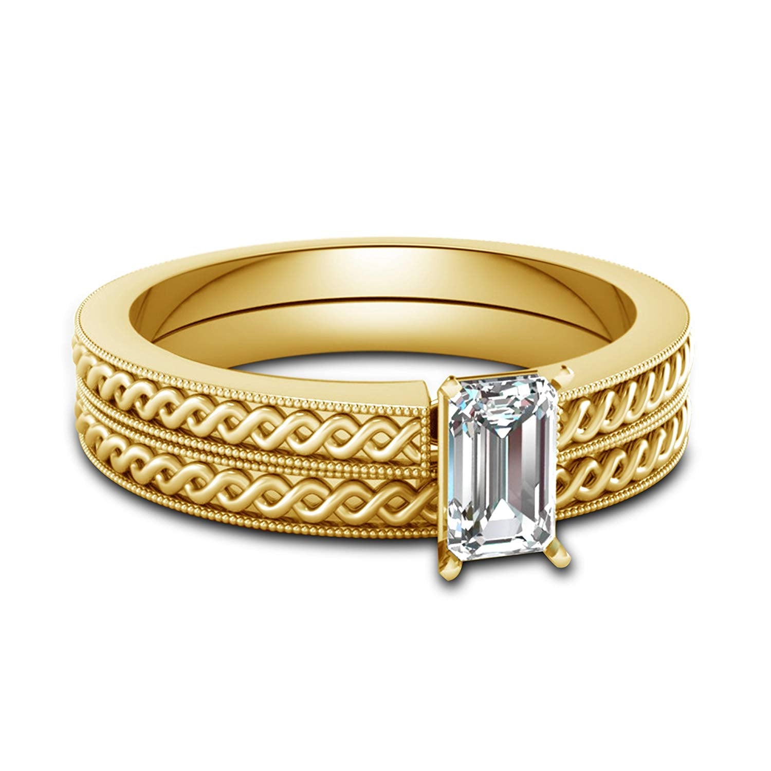 atjewels 14K Yellow Gold Over Silver White Round Zirconia Solitaire and Bridal Ring Set MOTHER'S DAY SPECIAL OFFER - atjewels.in