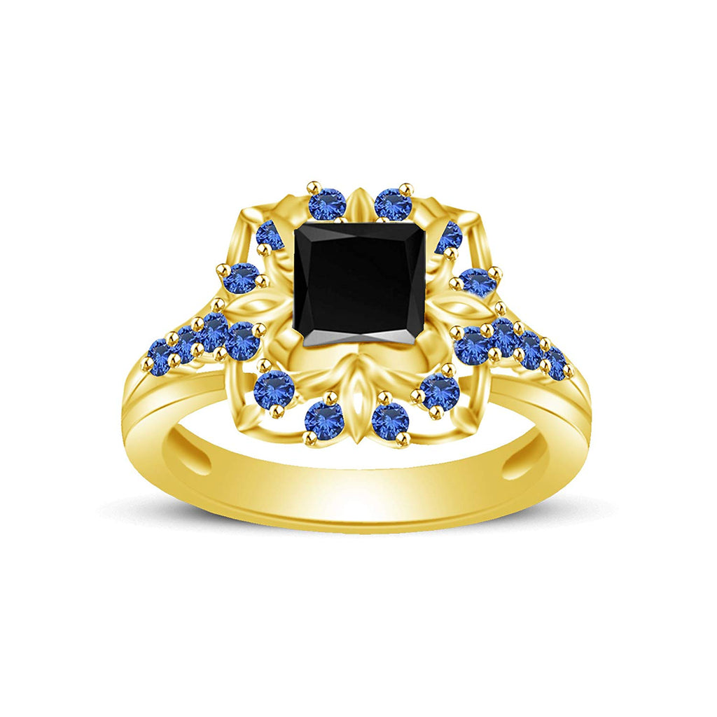 atjewels Princess & Round Cut Black Cubic Zirconia & Blue Sapphire 14k Yellow Gold Over .925 Sterling Silver Engagement Ring Size 8 For Women's and Girl's MOTHER'S DAY SPECIAL OFFER - atjewels.in