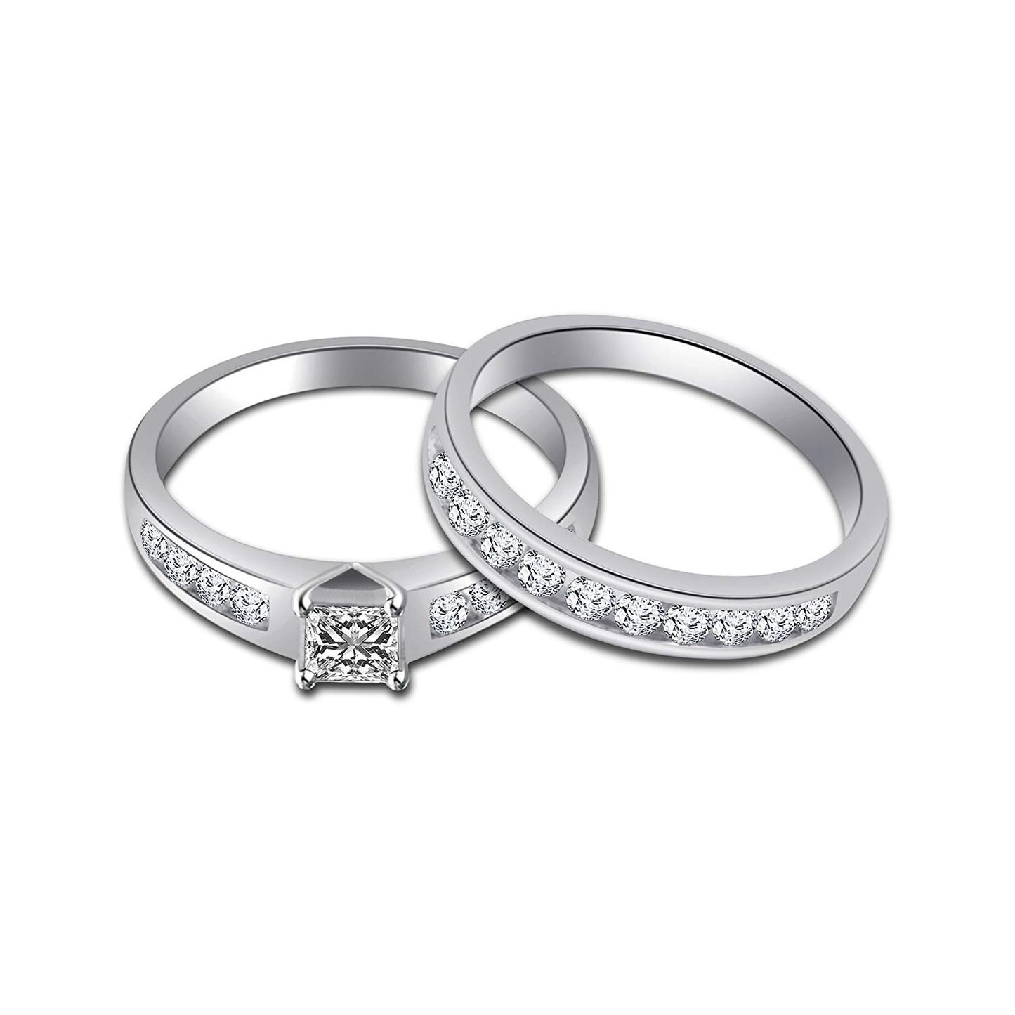 atjewels 925 Sterling Silver Princess & Round Cut White Cubic Zirconia Bridal Ring Set Size US 5 MOTHER'S DAY SPECIAL OFFER - atjewels.in