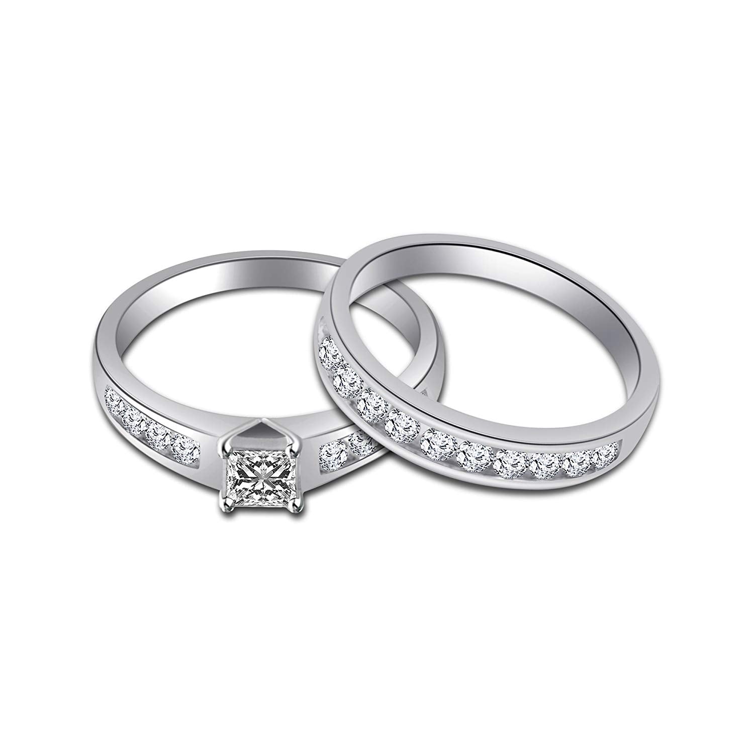 atjewels 925 Sterling Silver Princess & Round Cut White Cubic Zirconia Bridal Ring Set Size US 5 MOTHER'S DAY SPECIAL OFFER - atjewels.in